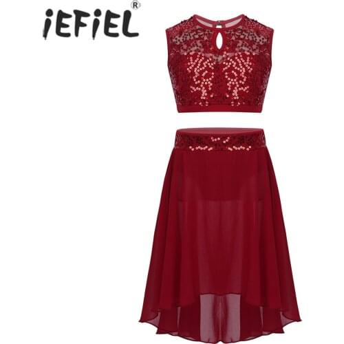 IEFiEL Kids Teen Sequined Bailarina Crop Top with Chiffon Ballet Tutu Skirt for Celebration Lyrical Dancewear Leotards for Girls