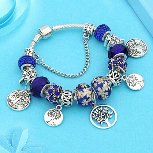 HOT Dropshipping Dark Blue Crystal Charm Bracelet for Men Child Jewelry Gift Flower Tree DIY Handmade Bead Bracelet Homme