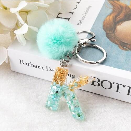 1Pc Blue Pompom Letter Keychain Words Keyring with Puffer Ball Glitter Gradient Color Resin Crafts Handbag Charms