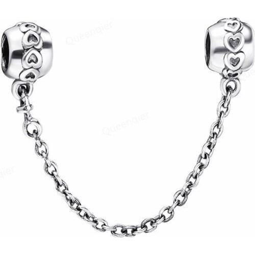 925 Sterling Silver Heart Safety Chain Charms Bead Original Bracelets Chain DIY Girl Women Pendant Charm Beads Jewelry Making