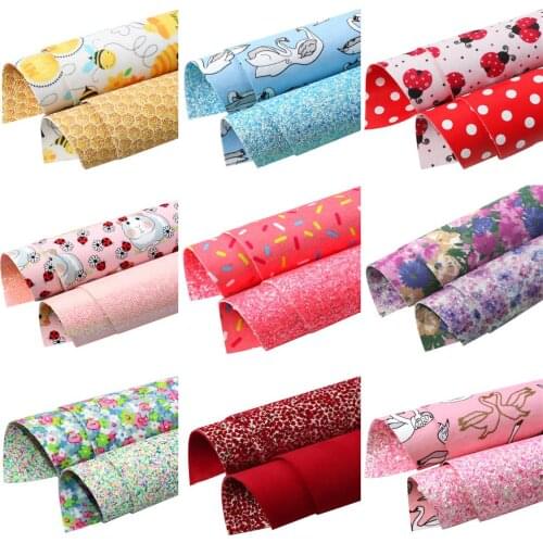 Floral Bee Faux Leather + Fabric Double-side Printed Fabric For Bow-knot Bags Wallet Earring Scrapbook DIY 20*34cm,1Yc19911