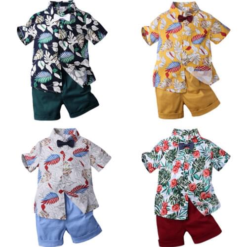 1-7Years Kids Clothes Boys Outfits Summer Flower Print Children Clothing Sets Short Sleeve Shirt Shorts Belt Baby Clothes