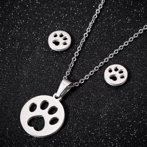 Dainty Pet Paw Necklace Cute Animal Dog Cat Paw Round Ear Studs for Women Jewelry Set Simple Lovely Birthday Jewelry Gift