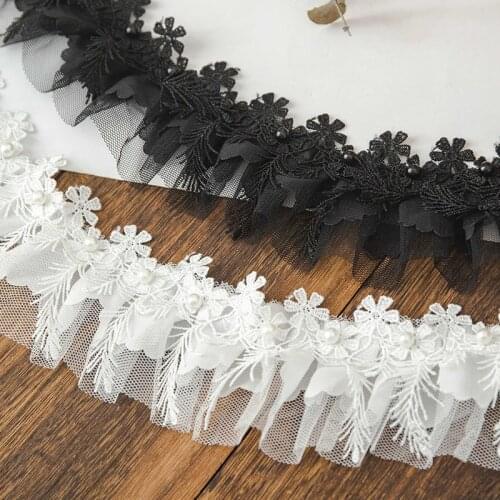 6cm Wide Pleated Lace Ribbon White For Dress 3d Flower Embroidery Beaded Fabric Needlework Diy Crafts Sewing Accessories By Yard