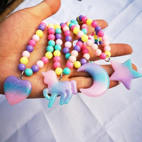 Fashion Resin Kids Gleam Pink Unicorn Moon Necklace And Bracelets Set Childrens Jewelry Multicolor Lovely Girl Party Present