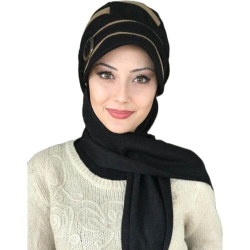 New Fashion Hijab Woman 2021 Muslim Hijab Islamic Scarf Hijab Hat Scarf Black Passionflower Model Light Milk Coffee Scarf Buckle