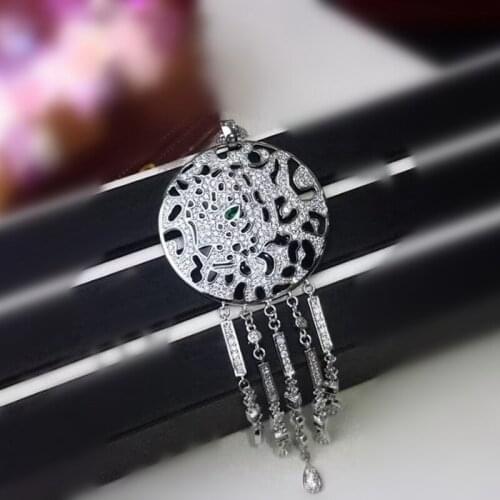 925 Sterling Silver Leopard Waterdrop Tassel Necklace Zircon Green Eye Animal Panther Two Layers Chain Women Men Wedding Jewelry