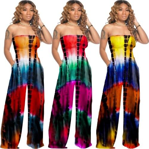 Sexy Strapless Long Jumpsuit with Pockets off Shoulder Wide Leg Pants Fashion Tie Dye Pinted Summer Clothes Sleeveless Overalls