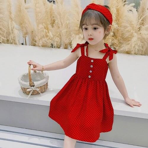 Girls Dress Summer Girl Party Dresses Kid Princess Party Clothes Sleeveless Button Bow Dot Vest Dress 111