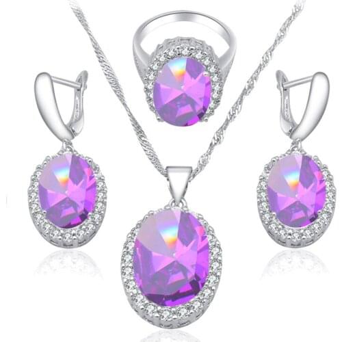 ROLILASON Nobby Purple Zircon Silver Stamped Earrings Necklace Pendant Health Fashion Jewelry Sets Ring Sz #6#7#8#9#10 JS693