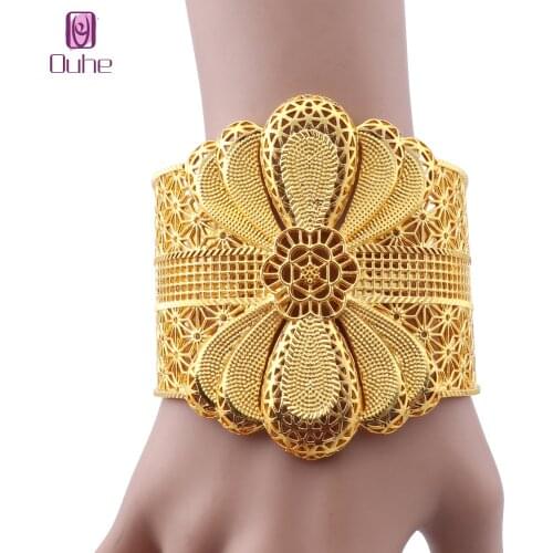 Luxury Indian Big Wide Bangle 24k Gold Color Flower Bangles For Women African Dubai Arab Wedding Jewelry Gifts