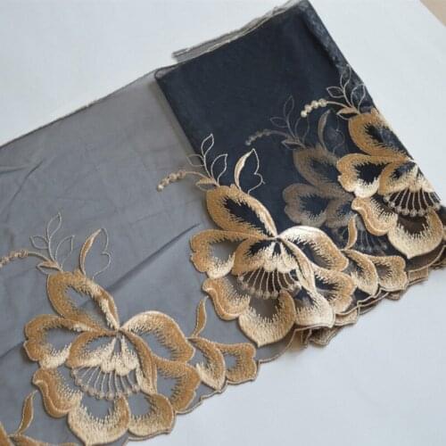 2YDS Black Mesh Beautiful Big Gold Thread Flower Embroidered Scalloped Tulle Lace 24cm Width Wedding,Garment,Undergarment