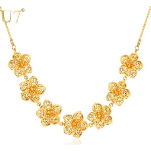 U7 Vintage Box Chain Link Bar Necklace Women Party Gold Color Flower Charm Lovely Necklace Jewelry N423