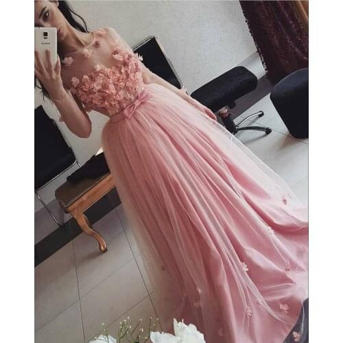 Gorgeous Pink Long Sleeves Prom Dress 3d Flowers Floor Length Illusion Women Evening Dresses Custom Princess Special Event Gowns