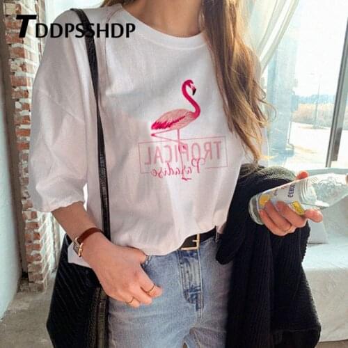 Korean Flamingo Printing White Women T Shirt 2019 Short Sleeve Casual Round Neck Female Tee Tops