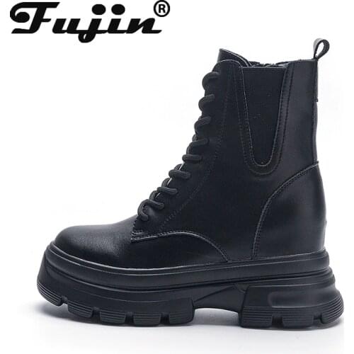 Fujin Chunky Chelsea Boots Genuine Leather Short Boots Ankle For Women Motorcycle Black Punk Mart Booties Shoes Platform Heel