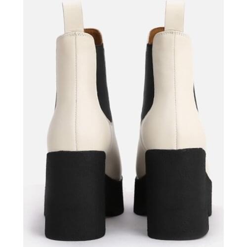 MUMANI Woman‘s Chelsea Boots Square Heel Genuine Leather White Martin Boots Square Toe Platform Slip On High Heel ANKLE Boots