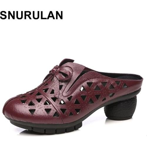 SNURULANLadies wear summer new leather slippers retro roman ethnic style thick with hollow hole baotou sandals women slippers