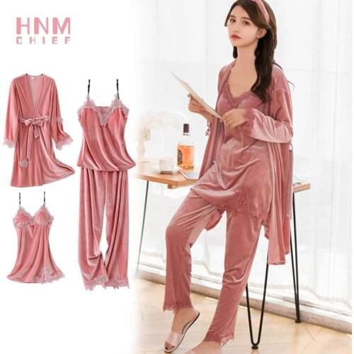 HNMCHIEF Pink Pyjama Suit Fashion Velvet 4 Pieces Warm Winter Pajamas Sets Women Sexy Robe Sleepwear Kit Sleeveless Nightwear