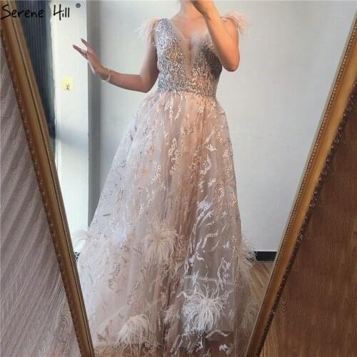 Dubai Champagne V-Neck Sexy Prom Dresses 2020 Feathers Crystal Sleeveless Prom Gowns 2020 Serene Hill BLA70260