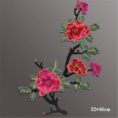 Ursmart 1 PCS High Quality 3D Patches Big Red Peony Flower Embroidered Patch DIY Sew On Fabric Clothing For Wedding Accessorries