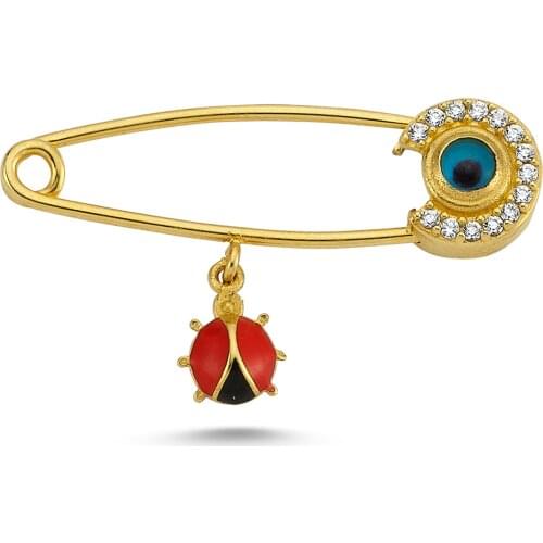 14K (585) Gold Enamel Ladybug Design and Evil Eye Safety Pin