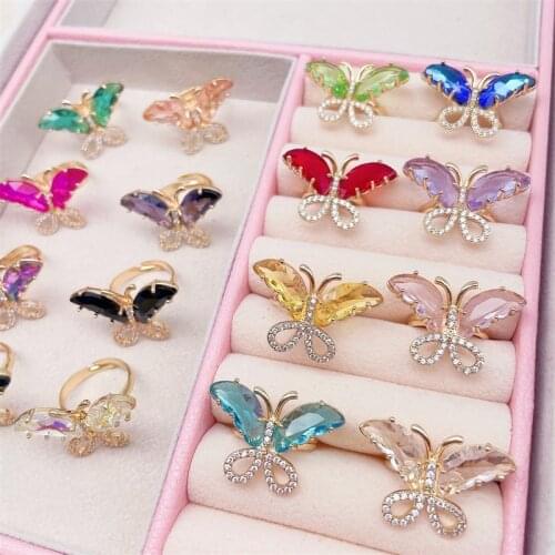 16 Color Shiny Crystal Butterfly Ring Luxury Zircon Womens jewelry Colorful Cute Animal Cocktail Adjustable Ring Party Gift