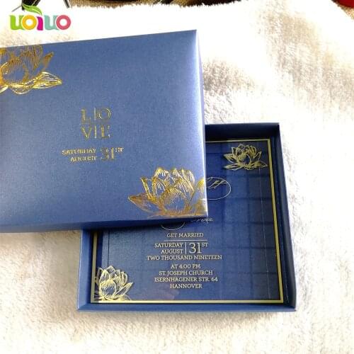 30pcs printing Lotus design gold printing clear acrylic card,wedding invitation card with boxes(logo on the box need extra cost)