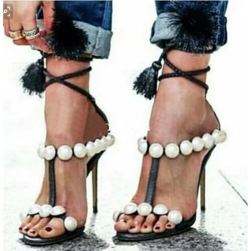 Sandals Female Chic Fringe Concise Ultra High Heels Lace-up Tassel Shoes Fashion Pearl Decor Cross Tied Dress Woman Shoes