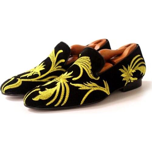 Brand Men Embroidered Floral Embroidery Loafers Italy Runway Slip On Smoking Slippers Flower Shoes Large Size Velvet European