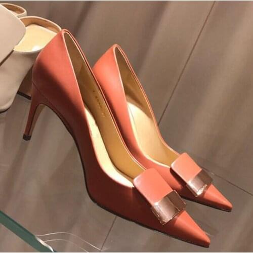 Carpaton 2019 Newest Leather High Heel Shoes Pointed Toe Woman Pumps Sexy Office Lady Stiletto Heels Orange Black Beige