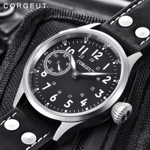 Corgeut Luxury Sport Male Clock Leather Mechanical Wristwatch 17 Jewels Hand Winding 6497 ST3600 Sapphire Crystal Luminous Watch