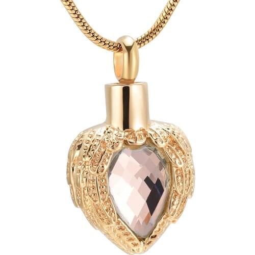 Golen Angel Wing Birthstone Heart Cremation Jewelry for Ashes Pendant Memorial Urn Necklace Stainless Steel Waterproof Jewellery