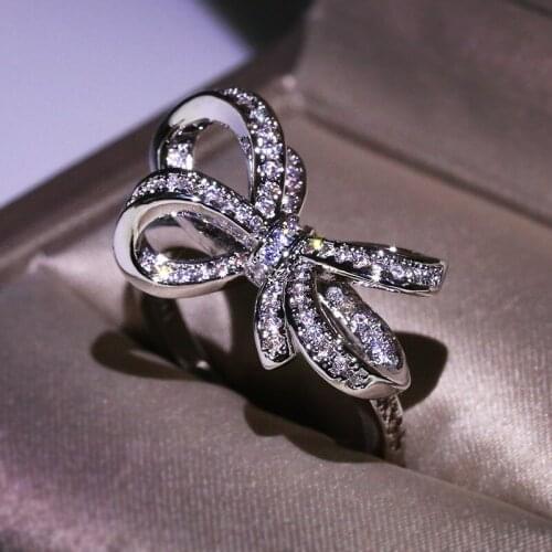 Classic S925 Sterling Silver Color Bow Butterfly AAAA Zircon Ring Womens Fashion Wedding Engagement Jewelry 2021 New