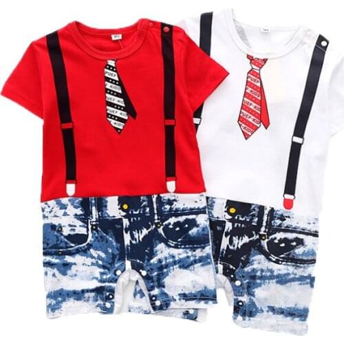 Baby Clothes Pure Cotton One-Piece Kids Rompers Summer Short-Sleeved Baby Onesie Strap-style Denim Print Summer One-piece Suit