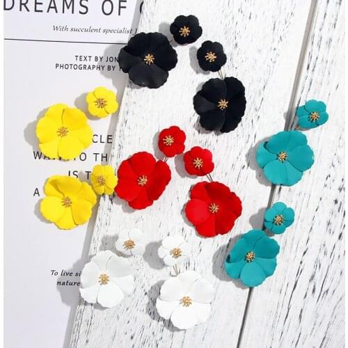 Korean Fashion Cute Flower Drop Earrings for Women Double Layer Gold Metal Floral Statement Earrings Female Jewelry Pendientes