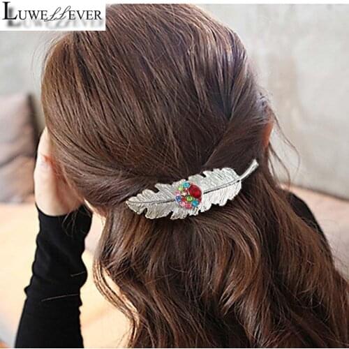 Hot Sale Silver Leaves Feather 18mm Snap Button Hair Clips 003 Barrettes Charms Fashion Jewelry For Women Girl Teenagers Gift