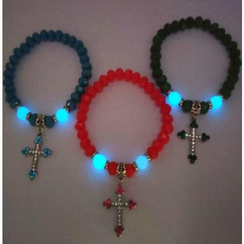 Fashion Glow In The Dark Glass Bead Bangle Women Men Charm Bracelet Metal Cross Fluorescence Bracelet Punk Luminous Jewelry