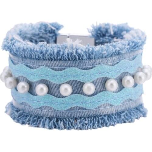 ORNAPEADIA Fashion Womens Bracelet for Women Boho Denim Fabric Pearl Tassel Wide Brim Bracelet Wholesale Luxury Jewelry