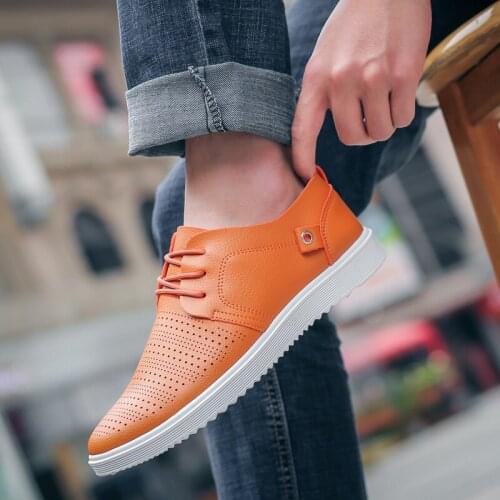 Mens Shoes Summer Trendy Casual Leather Korean Shoes Breathable Hollow Leather Shoes Wear-Resistant Non-Slip Work Shoes