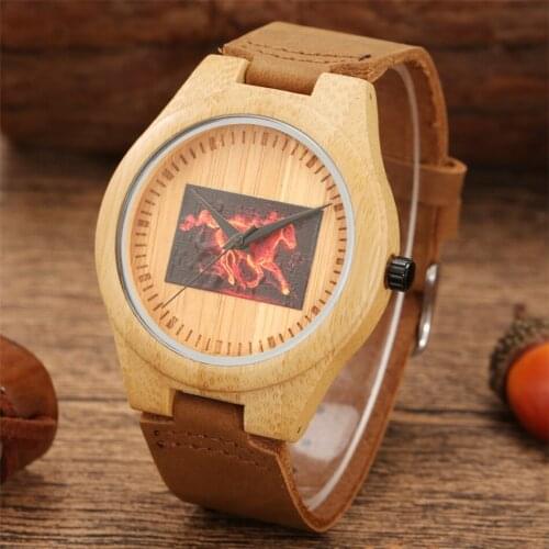 Bamboo Wood Men Watch Creative Fire Hourse/Cat/Snake/Owl/Eagle Brown Genuine Leather Quartz Wristwatch Natural Wooden Clock