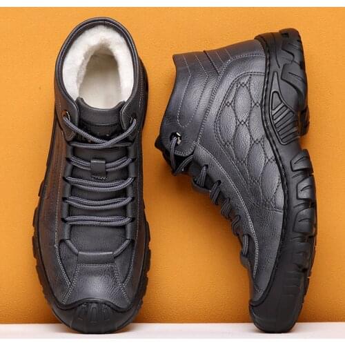 ZSAUAN Winter Wool Lining Casual Men Leather Sneakers Handmade High Top Outdoor Mens Boots Grey Black Russia Style Chunky Shoes