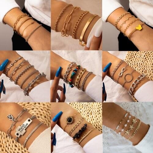 HuaTang 9 Style Punk Multilayer Cuban Chains Bracelet Set for Women Boho Geometric Pearl Flower Charms Female Jewelry Pulseras