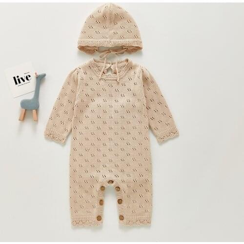 Autumn New Boys and Girls Baby Long Rompers Infant Knitted Sweater Jumpsuit Hollow Hat Apricot