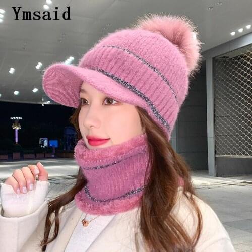Brand Winter Warm Hats Fashion Fur Lined Soft Beanie Cap With Brim Thick Winter Knitted Hats For Women Hair Ball Bonnet Caps Bib
