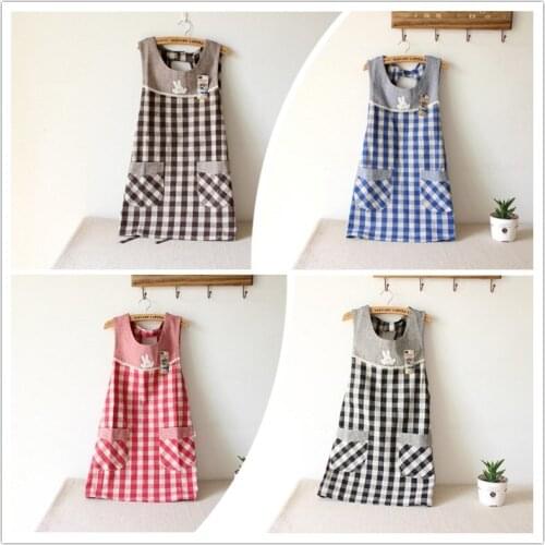 Embroidered apron with cotton plaid fabric. Household clean sleeveless apron. Baking shop flower shop overalls. 4 colors