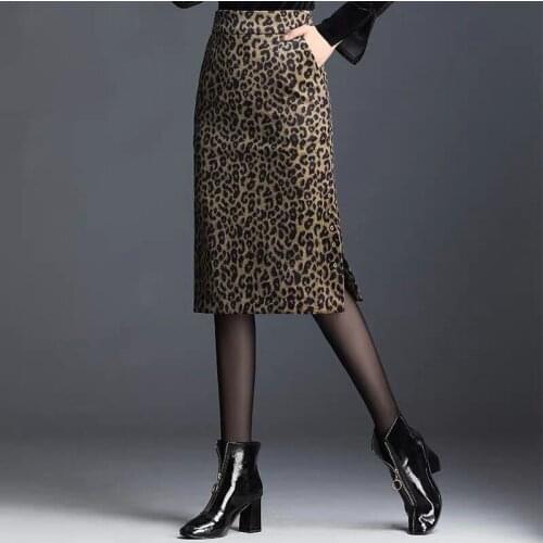 Women Leopard Print Skirt Mid-length 2021 Spring Autumn High Waist Bag Hip Slim elegant Skirts Split Large Size 4XL Female
