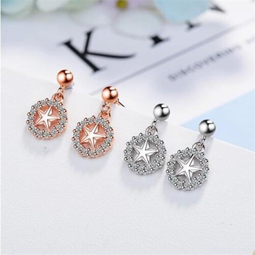KOFSAC New Shiny CZ Round Star Earring Rose Gold Silver 925 Stud Earrings For Women Fashion Jewelry Engagement Gifts Party