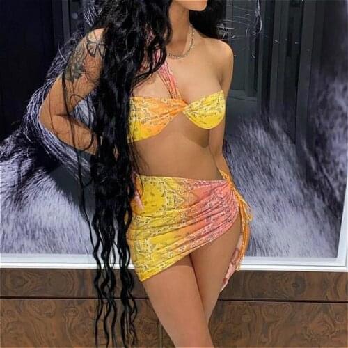 Women Sexy Two Piece Set 2021 Summer Bohemian Print Halter Bandage Crop Tops and Drawstring Mini Skirts Sexy Club 2Pcs Set