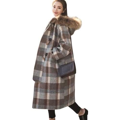 Big fur collar winter woolen coat women fashion loose long coat horn buckle Wool coats striped female Parka manteau femme hiver